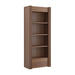Angled view of Crate & Barrel Siena 34" Walnut Wood 4-Shelf Storage Bookcase with Drawer featuring four open shelves and a lower drawer