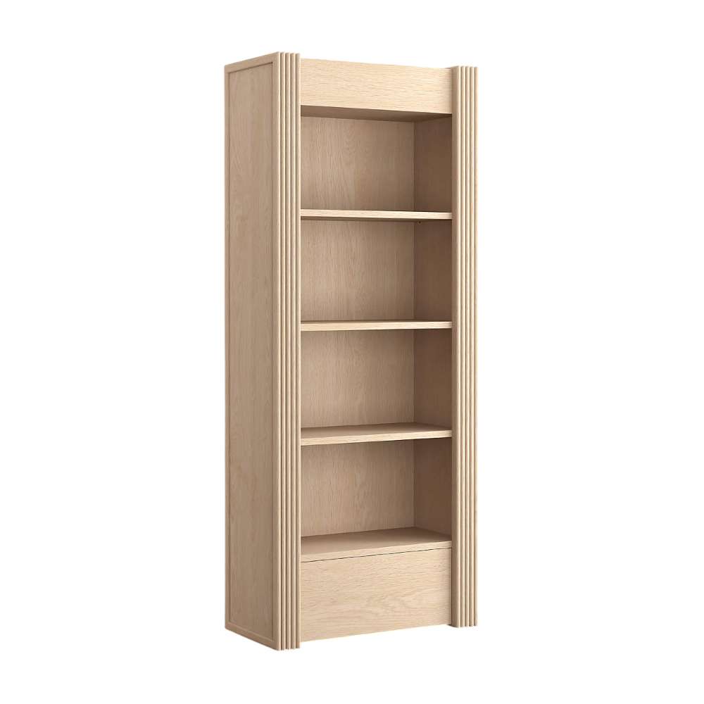 Angled view of Crate & Barrel Siena 34" Whitewash Wood 4-Shelf Storage Bookcase with Drawer featuring four open shelves and fluted side details