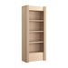 Angled view of Crate & Barrel Siena 34" Whitewash Wood 4-Shelf Storage Bookcase with Drawer featuring four open shelves and fluted side details