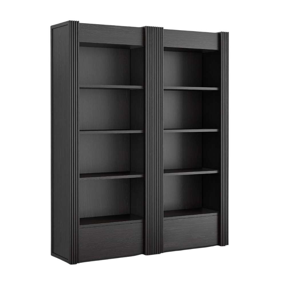 Angled view of Crate & Barrel Siena 68" Black Wood 4-Shelf Storage Bookcase with Drawer, Set of 2 featuring eight open shelves and dual storage drawers