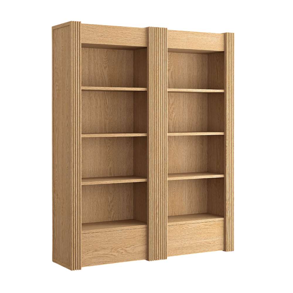 Angled view of Crate & Barrel Siena 68" Natural Wood 4-Shelf Storage Bookcase with Drawer, Set of 2 showcasing natural wood grain and fluted side details
