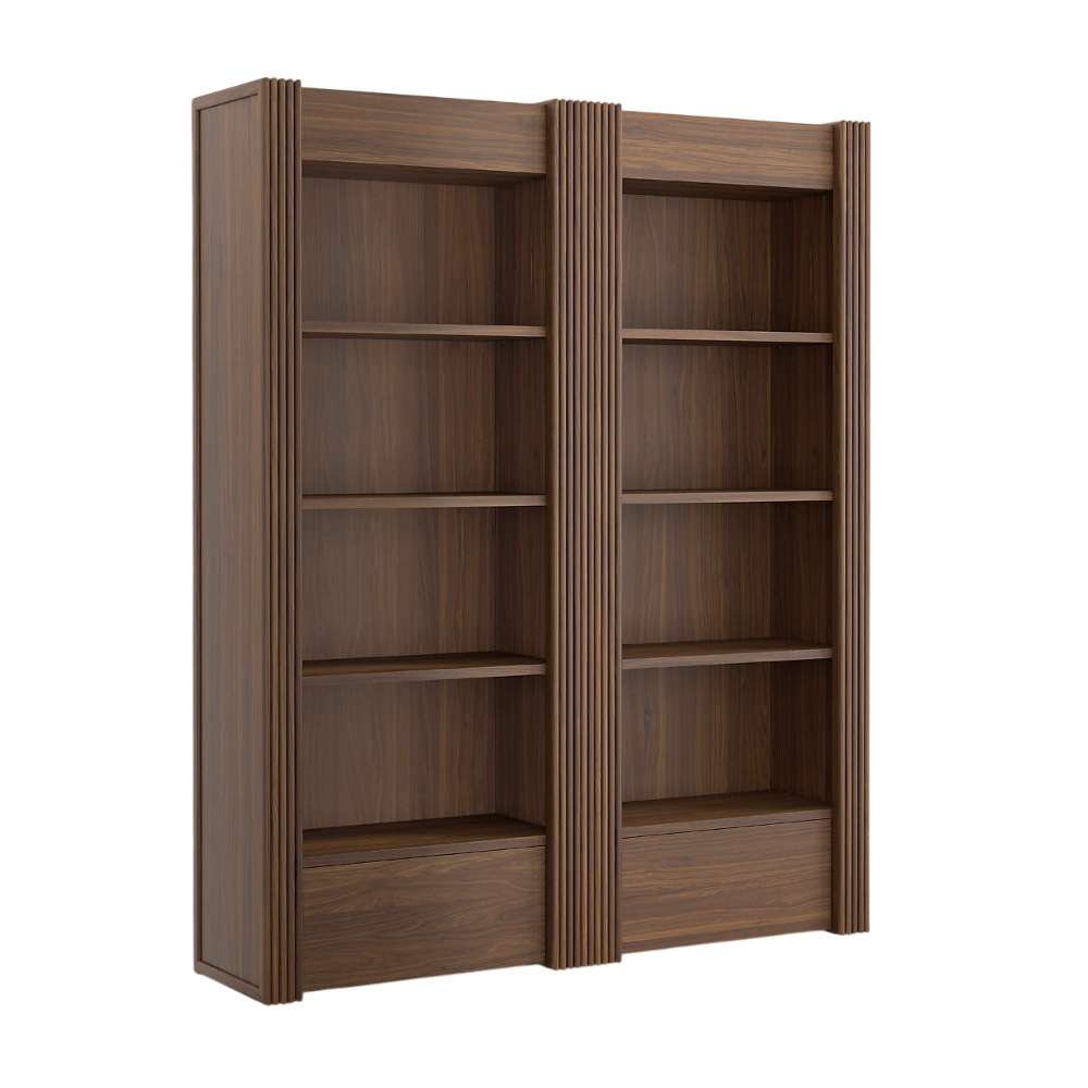 Angled view of Crate & Barrel Siena 68" Walnut Wood 4-Shelf Storage Bookcase with Drawer, Set of 2 featuring rich walnut wood grain and dual storage drawers