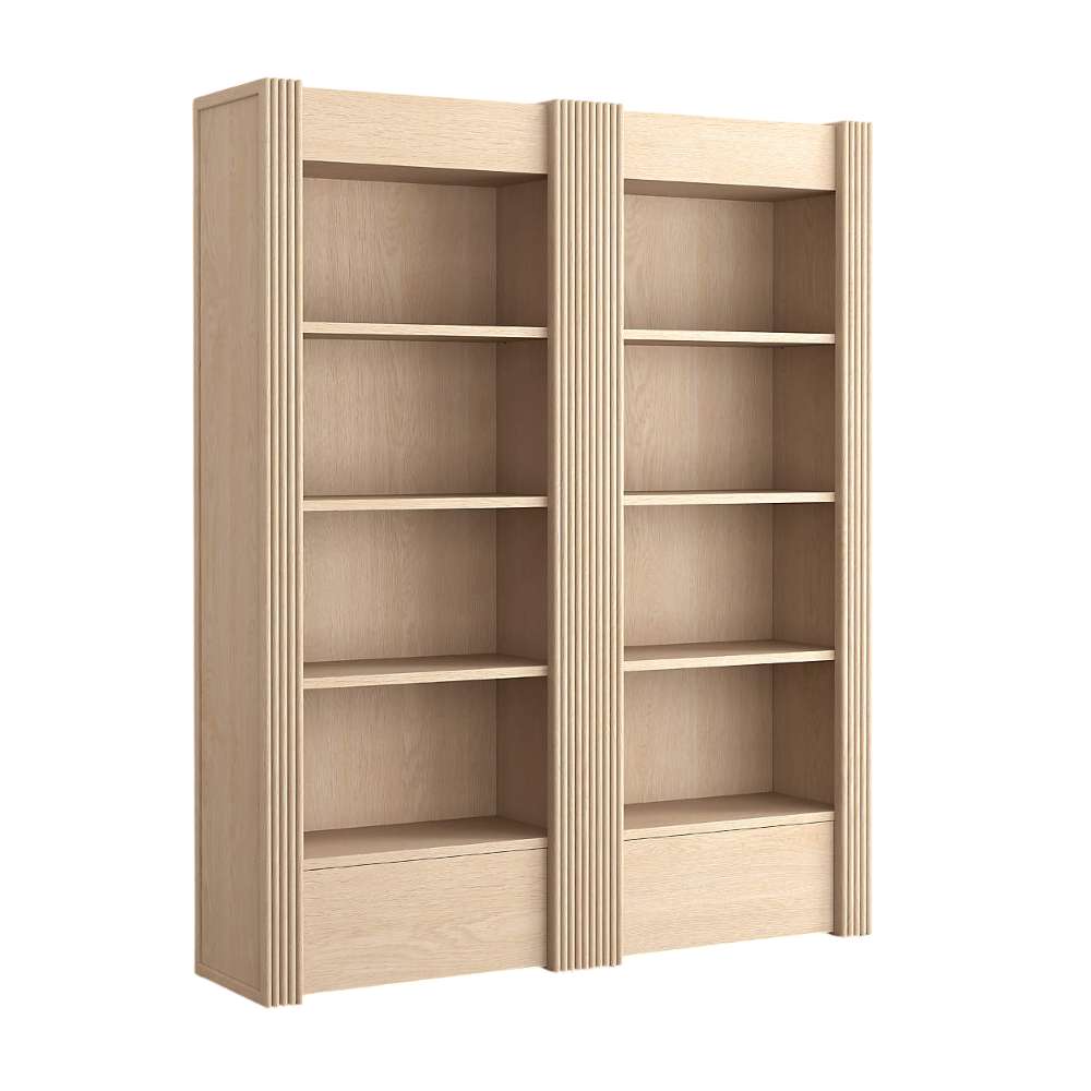 Angled view of Crate & Barrel Siena 68" Whitewash Wood 4-Shelf Storage Bookcase with Drawer, Set of 2 featuring eight open shelves and two storage drawers