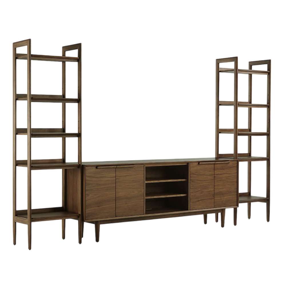 Angled view of Crate & Barrel Tate 124" Walnut Storage Media Console and Bookshelf Set highlighting its walnut finish and spacious storage design
