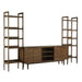 Angled view of Crate & Barrel Tate 124" Walnut Storage Media Console and Bookshelf Set highlighting its walnut finish and spacious storage design