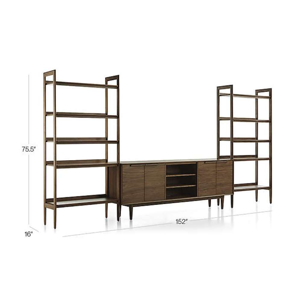 Angled view of Crate & Barrel Tate 124" Walnut Storage Media Console and Bookshelf Set highlighting its walnut finish, open shelving, and central media storage