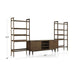 Angled view of Crate & Barrel Tate 124" Walnut Storage Media Console and Bookshelf Set highlighting its walnut finish, open shelving, and central media storage
