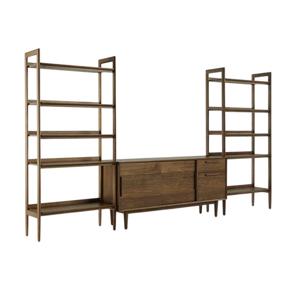 Angled view of Crate & Barrel Tate 136.5" Walnut Storage Media Console and Bookshelf Set highlighting its walnut finish and spacious shelving