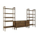 Angled view of Crate & Barrel Tate 136.5" Walnut Storage Media Console and Bookshelf Set highlighting its walnut finish and spacious shelving