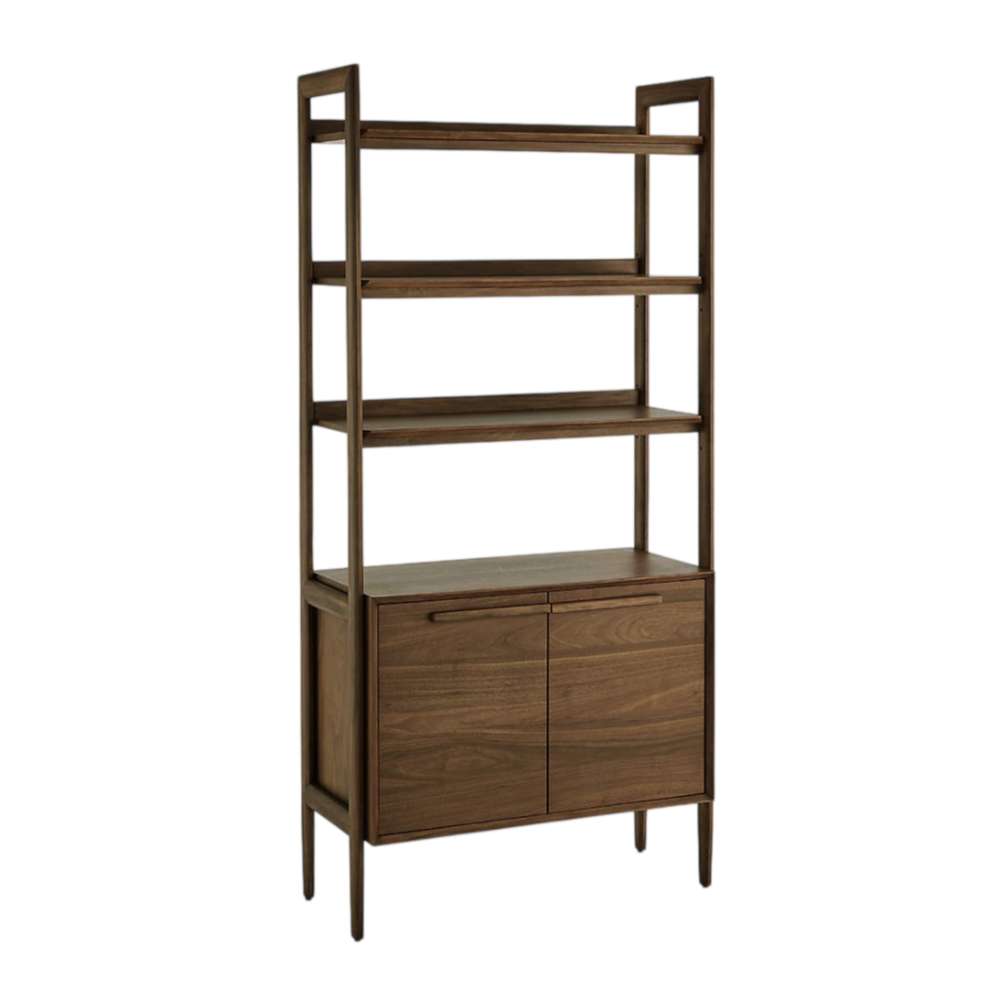 Angled view of Crate & Barrel Tate 36" Walnut Wood 3-Shelf Storage Bookcase Cabinet highlighting three open shelves and a two-door cabinet below