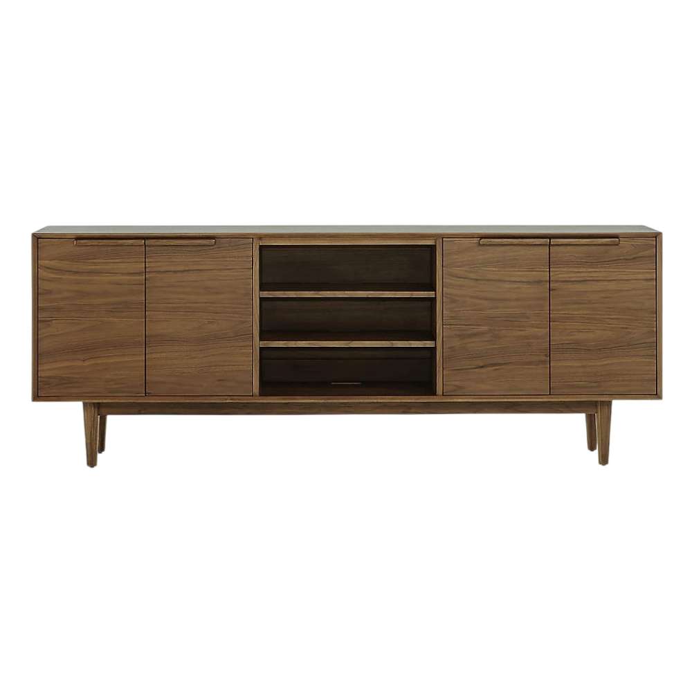 Angled view of Crate & Barrel Tate 80" Walnut Storage Media Console highlighting its spacious storage and mid-century modern design