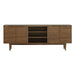 Angled view of Crate & Barrel Tate 80" Walnut Storage Media Console highlighting its spacious storage and mid-century modern design