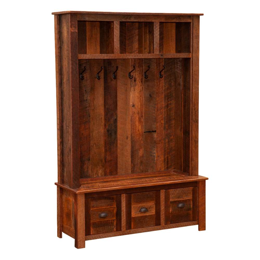 Angled view of Fireside Lodge Barnwood Entry Locker showing the full structure, from the upper cubbies to the hooks and lower drawer storage