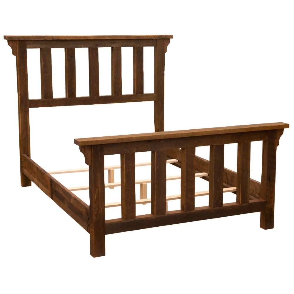 Angled view of Fireside Lodge Barnwood Post Bed shows the full wooden frame, including the headboard, footboard, and internal support slats