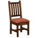 Angled view of Fireside Lodge Barnwood Prairie Dining Side Chair featuring the rustic wood frame and a striped fabric cushioned seat