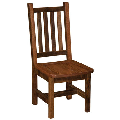 Angled view of Fireside Lodge Barnwood Prairie Dining Side Chair showing the rustic finish and strong square legs