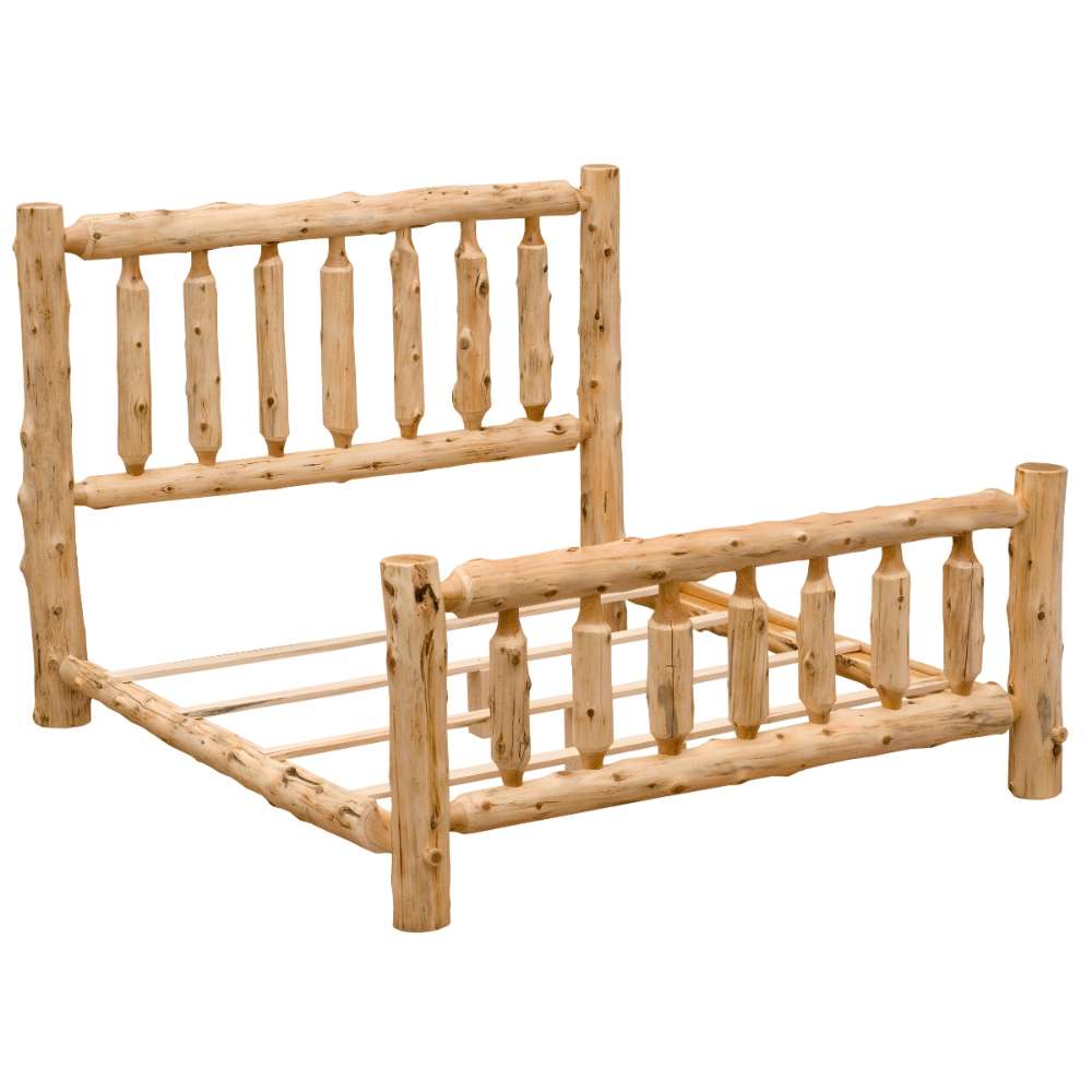 Angled view of Fireside Lodge Cedar Log Traditional Bed without a mattress highlights the open slat base, log posts, and evenly spaced vertical spindles on the headboard and footboard