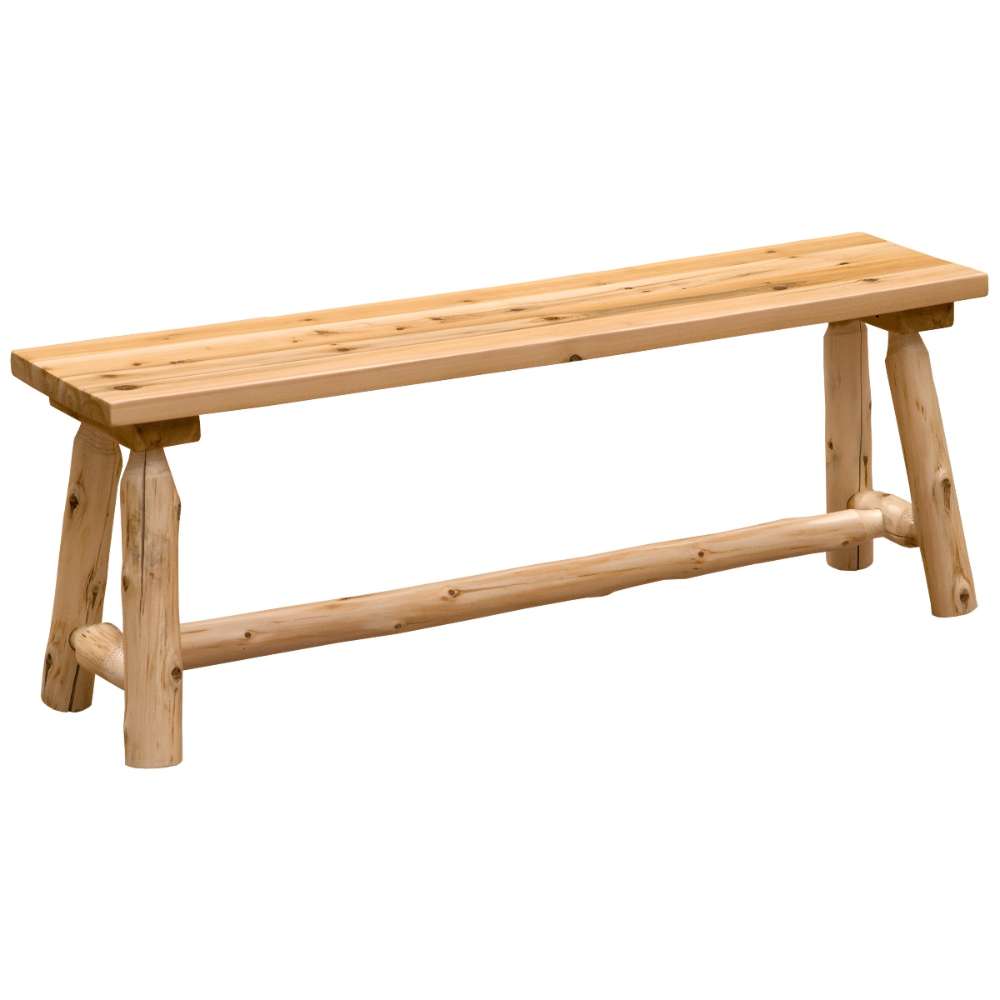 Angled view of Fireside Lodge Voyageur 5-Foot Bench - Wood Seat, showing its handcrafted log legs, solid wood seat, and rustic natural finish