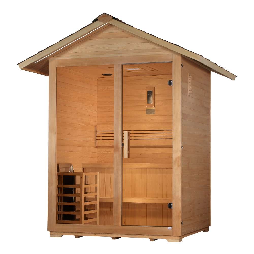 Angled view of Golden Designs Arlberg 3 Person Traditional Outdoor Sauna showing a gable roof, light hemlock walls, glass front and a guarded stove inside