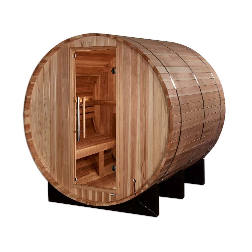 Angled view of Golden Designs Arosa 4 Person Barrel Traditional Sauna showing the round cedar barrel, glass door and steel bands on black cradles