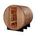 Angled view of Golden Designs Arosa 4 Person Barrel Traditional Sauna showing the round cedar barrel, glass door and steel bands on black cradles