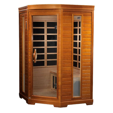 Angled view of Golden Designs Dynamic Heming 2 Person Low EMF Far Infrared Corner Sauna showing the five-sided corner cabin, glass door and narrow side windows