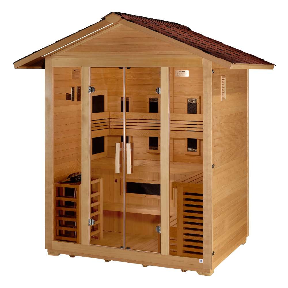 Angled view of Golden Designs Gargellen 5 Person Hybrid Outdoor Sauna showing the shingled roof, double glass doors and benches with near infrared heaters