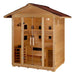 Angled view of Golden Designs Gargellen 5 Person Hybrid Outdoor Sauna showing the shingled roof, double glass doors and benches with near infrared heaters