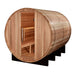 Angled view of Golden Designs Klosters 6 Person Barrel Traditional Sauna showing its round cedar barrel body, glass front door with a long handle and black cradle base