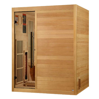 Angled view of Golden Designs Soria 3 Person Indoor Hybrid Sauna with Full Spectrum IR and Harvia Stove showing its glass door and a long cedar side wall with a vent