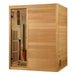 Angled view of Golden Designs Soria 3 Person Indoor Hybrid Sauna with Full Spectrum IR and Harvia Stove showing its glass door and a long cedar side wall with a vent