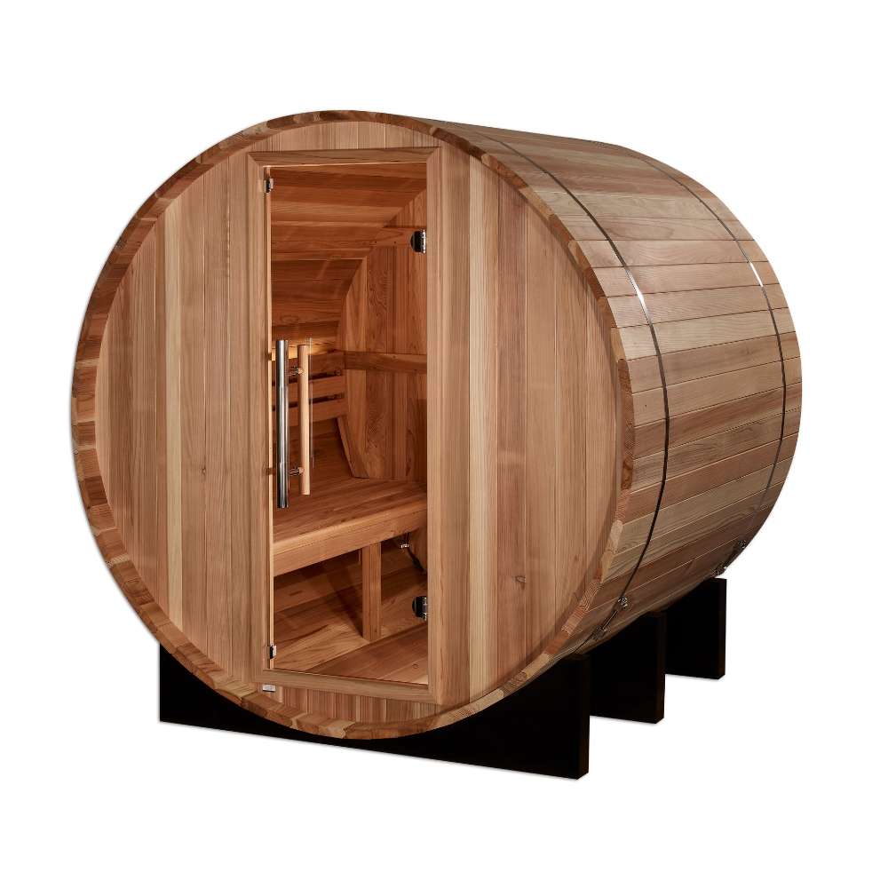 Angled view of Golden Designs St. Moritz 2 Person Barrel Traditional Sauna showing horizontal cedar staves, steel bands, a glass door and tiered benches inside