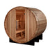 Angled view of Golden Designs St. Moritz 2 Person Barrel Traditional Sauna showing horizontal cedar staves, steel bands, a glass door and tiered benches inside