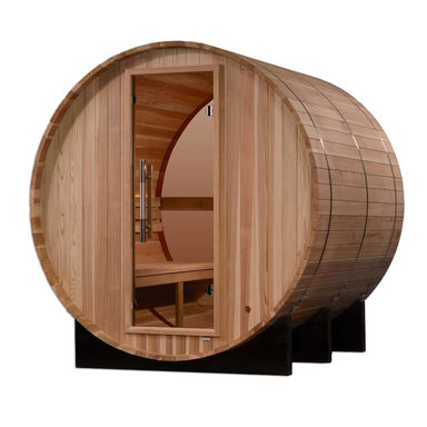 Angled view of Golden Designs Zurich 4 Person Barrel with Bronze Privacy View Traditional Sauna showing the glass door with long handles, cedar staves and support cradles
