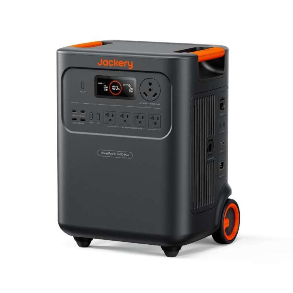Angled view of Jackery HomePower 3600 Plus Portable Power Station showing the front control panel, side ports, wheels, and built-in handles