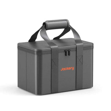 Angled view of Jackery Upgraded Carrying Case Bag (S) highlighting its sturdy handles, zippered lid, and protective hard-shell design