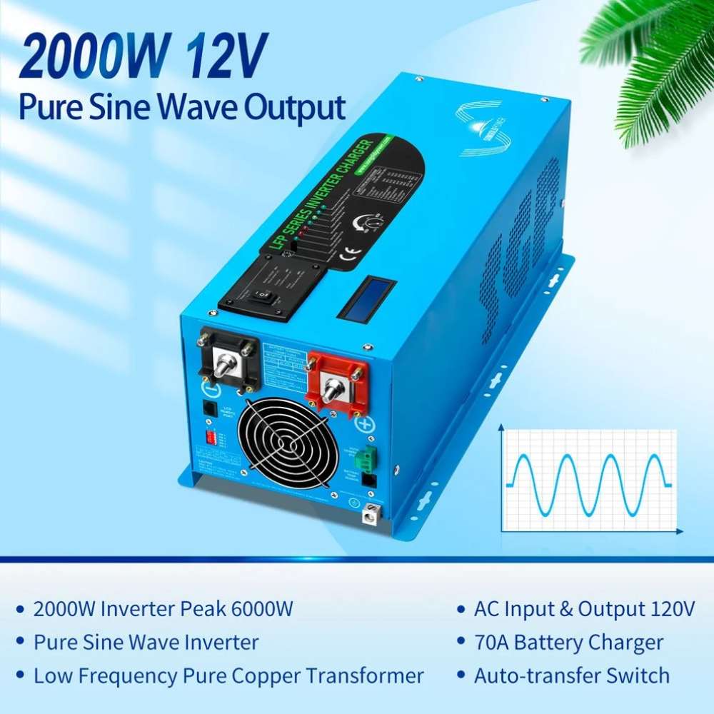 Angled view of Sun Gold Power 2000W DC 12V Pure Sine Wave Inverter With Charger highlighting 2000W pure sine wave output and built-in 70A battery charger