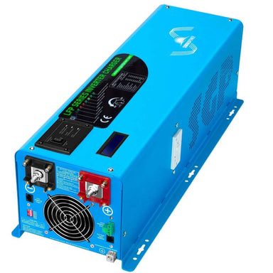 Angled view of Sun Gold Power 6000W DC 24V Split Phase Pure Sine Wave Inverter With Charger showing battery terminals, display, cooling fan, and AC outlet