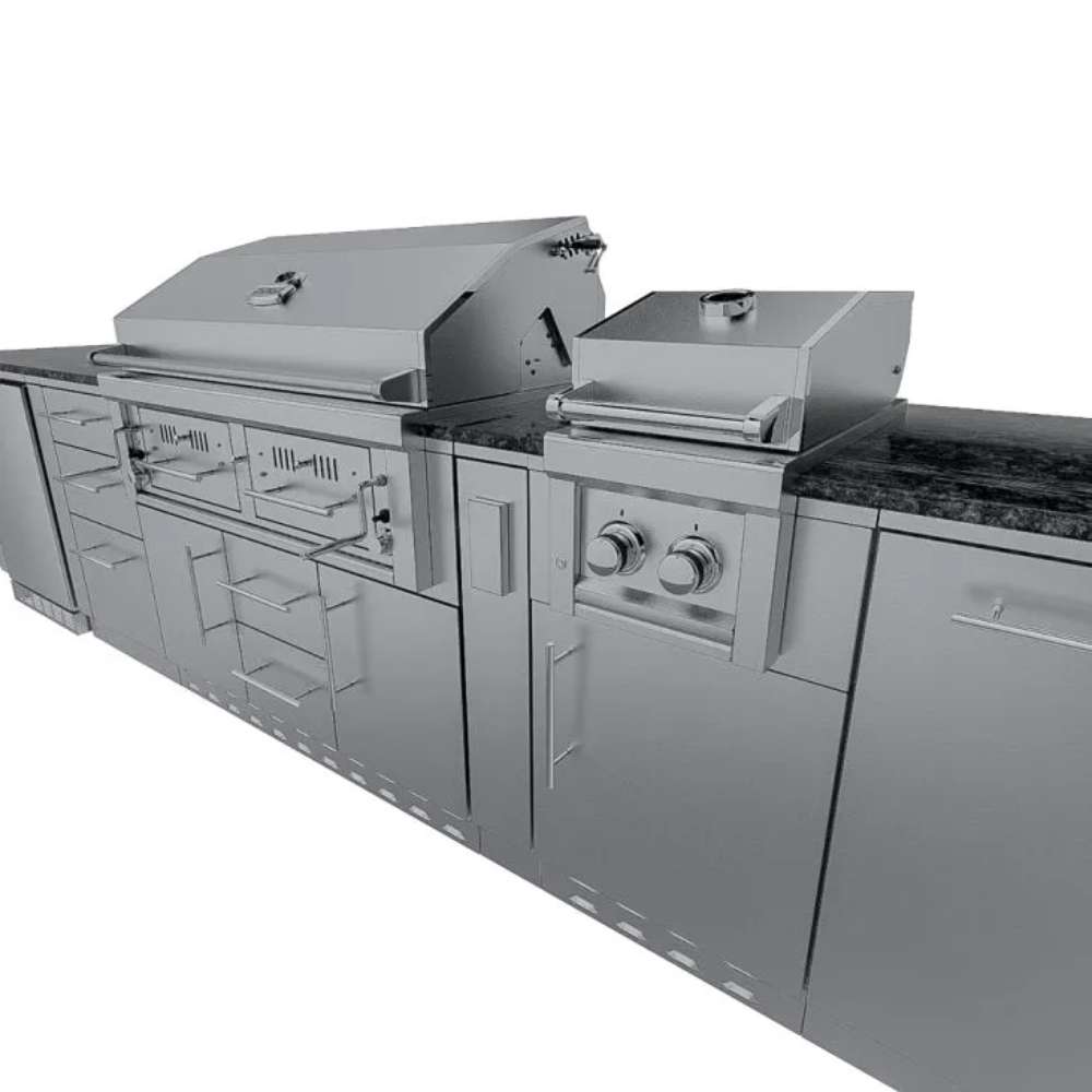 Angled view of Sunstone Dallas 14ft Outdoor Kitchen Island Package with Gas Hybrid Charcoal Grill featuring the main grill and side burner with control knobs