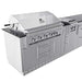Angled view of Sunstone French Quarter 13ft 7in Outdoor Kitchen Island Package highlighting the closed grill, side burner, and stainless steel cabinets
