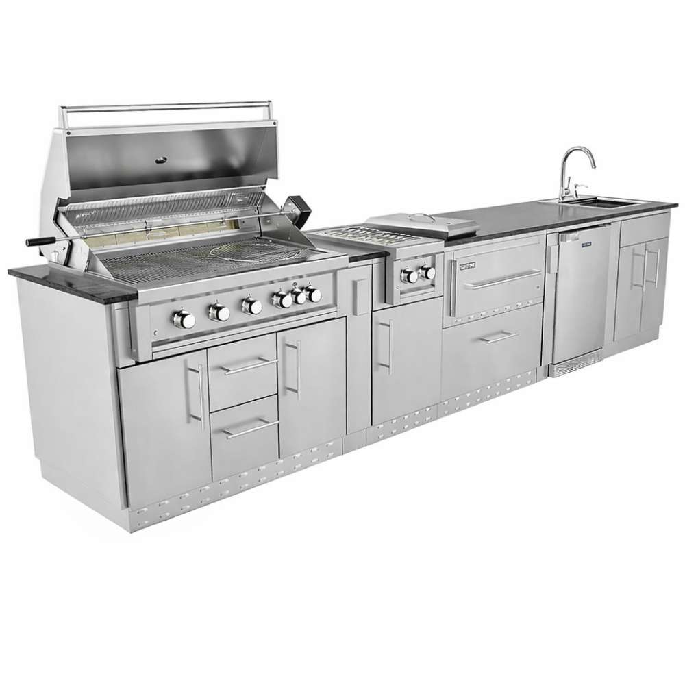 Angled view of Sunstone French Quarter 13ft 7in Outdoor Kitchen Island Package showing an open grill, burners, and built-in cabinets