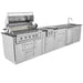 Angled view of Sunstone French Quarter 13ft 7in Outdoor Kitchen Island Package showing an open grill, burners, and built-in cabinets