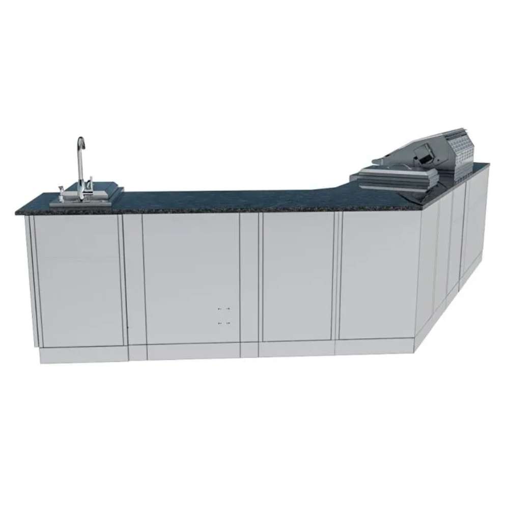 Angled view of Sunstone Savanna 16ft Outdoor Cabinet Package with 60° Angle highlights its L-shaped stainless steel design with grill and sink