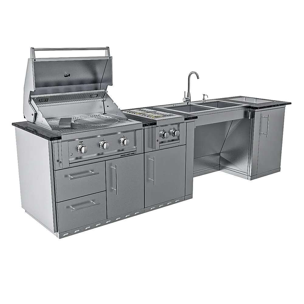 Angled view of Sunstone Summit 10ft Outdoor Kitchen Island Package showing an open grill, side burner, sink, and storage cabinets