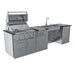 Angled view of Sunstone Summit 10ft Outdoor Kitchen Island Package showing an open grill, side burner, sink, and storage cabinets