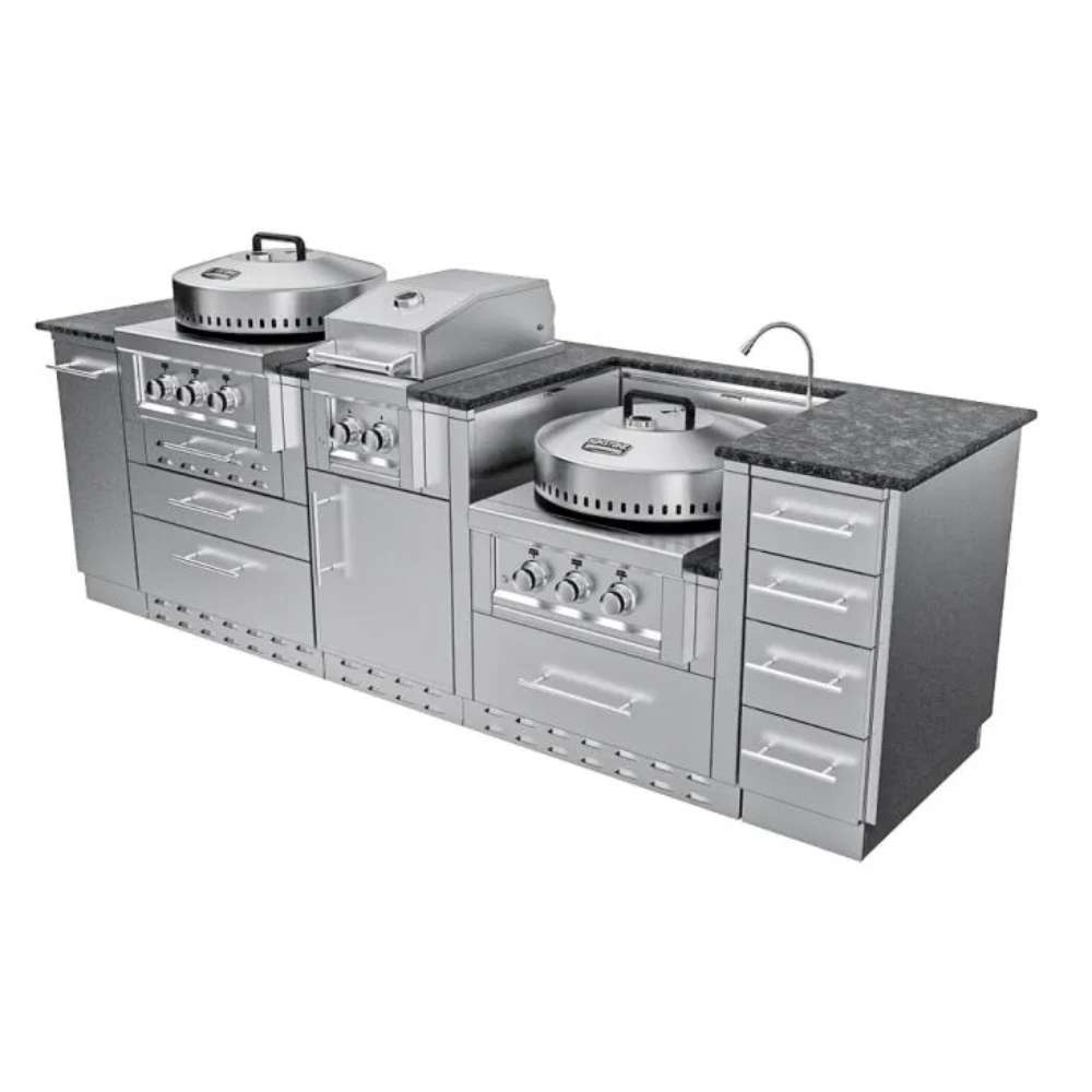 Angled view of Sunstone TexCajun 9ft Outdoor Kitchen Island Package with sink, countertop, and storage drawers