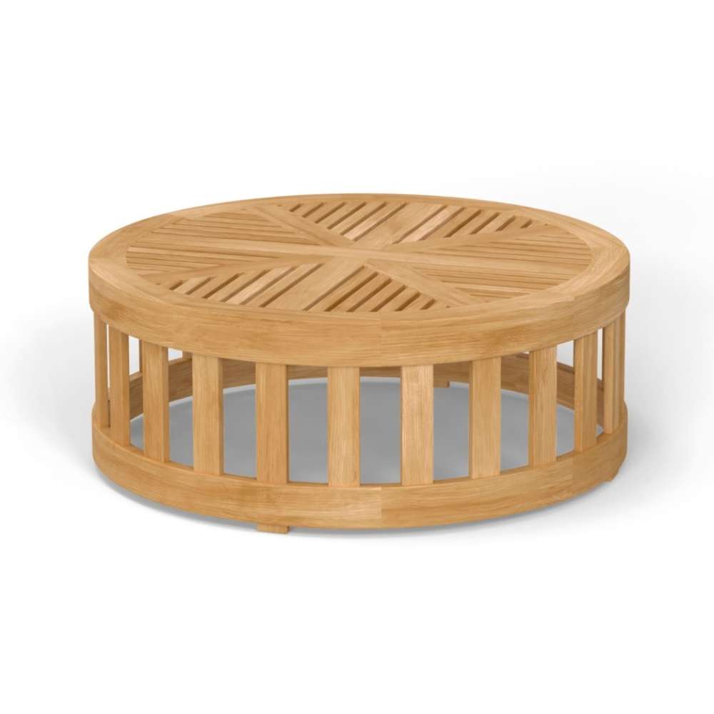 Angled view of Westminster Teak 36-Inch Kafelonia Teak Coffee Table showing its round slatted top and sturdy teak base