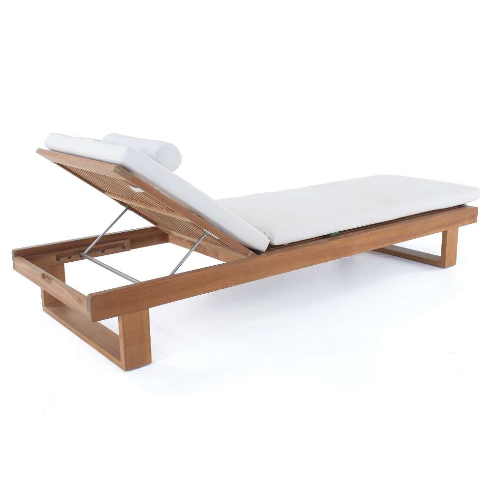 Angled view of Westminster Teak Horizon Chaise Lounger with a cushion and neck roll