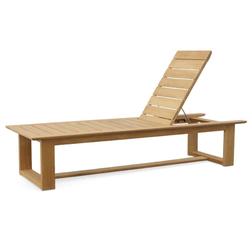 Angled view of Westminster Teak Horizon High Chaise Lounger shows the elevated backrest and clean, modern teak frame