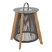 Angled view of Westminster Teak Luna Large Lantern shows its sturdy wooden legs cylindrical rope body and flat metal top against a plain background